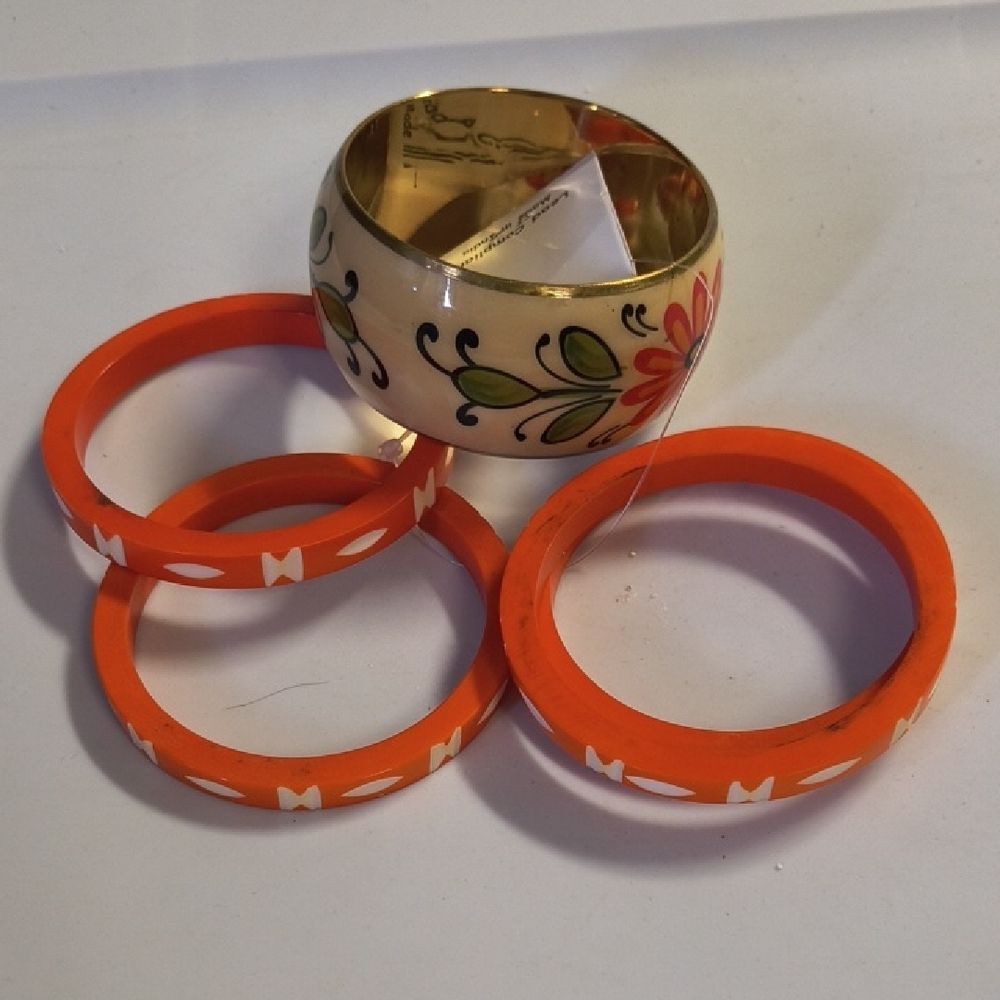 Floral Cream and Orange Bangle Set